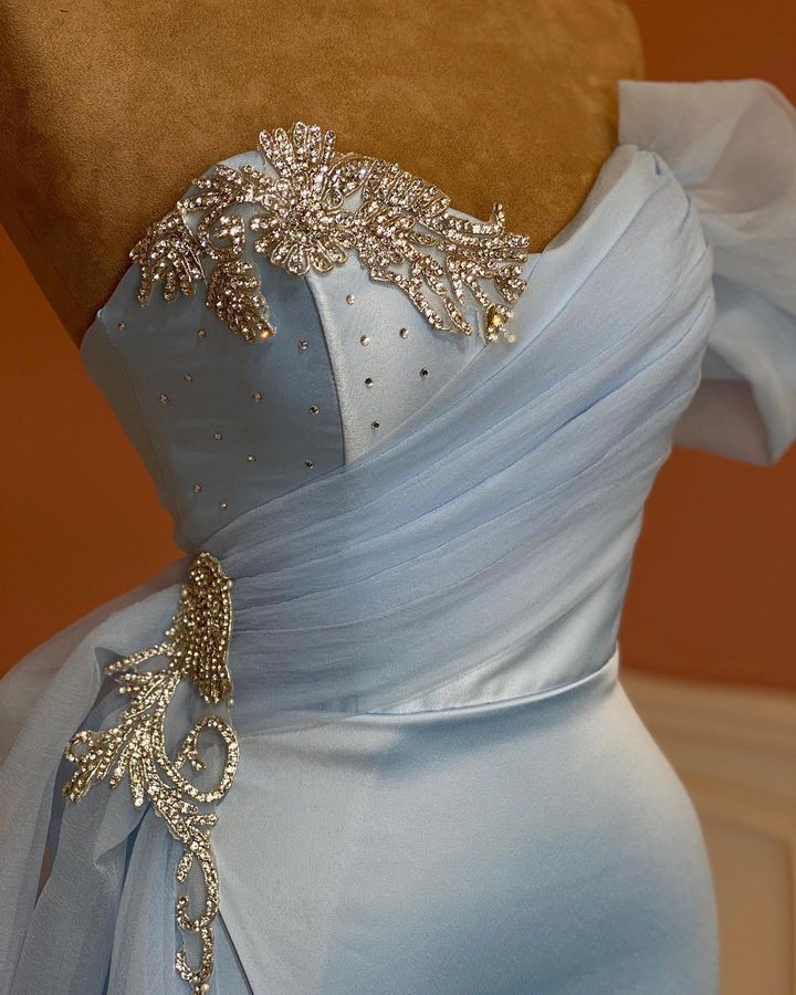 Modern Sky Blue Sweetheart Mermaid Prom Dress with Beadings and Split Tulle Ruffles-BallBride