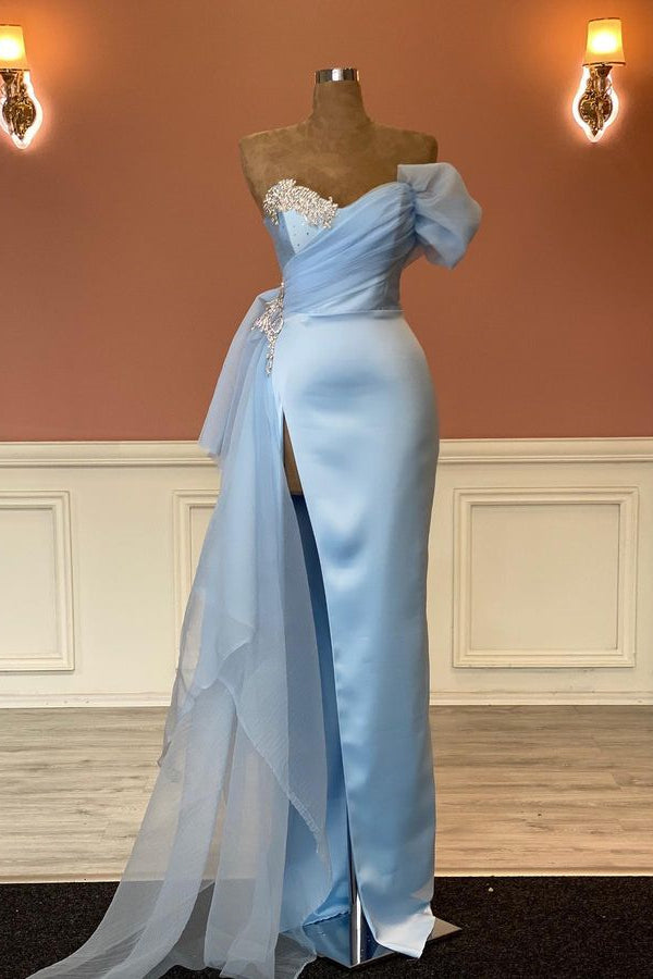 Modern Sky Blue Sweetheart Mermaid Prom Dress with Beadings and Split Tulle Ruffles-BallBride