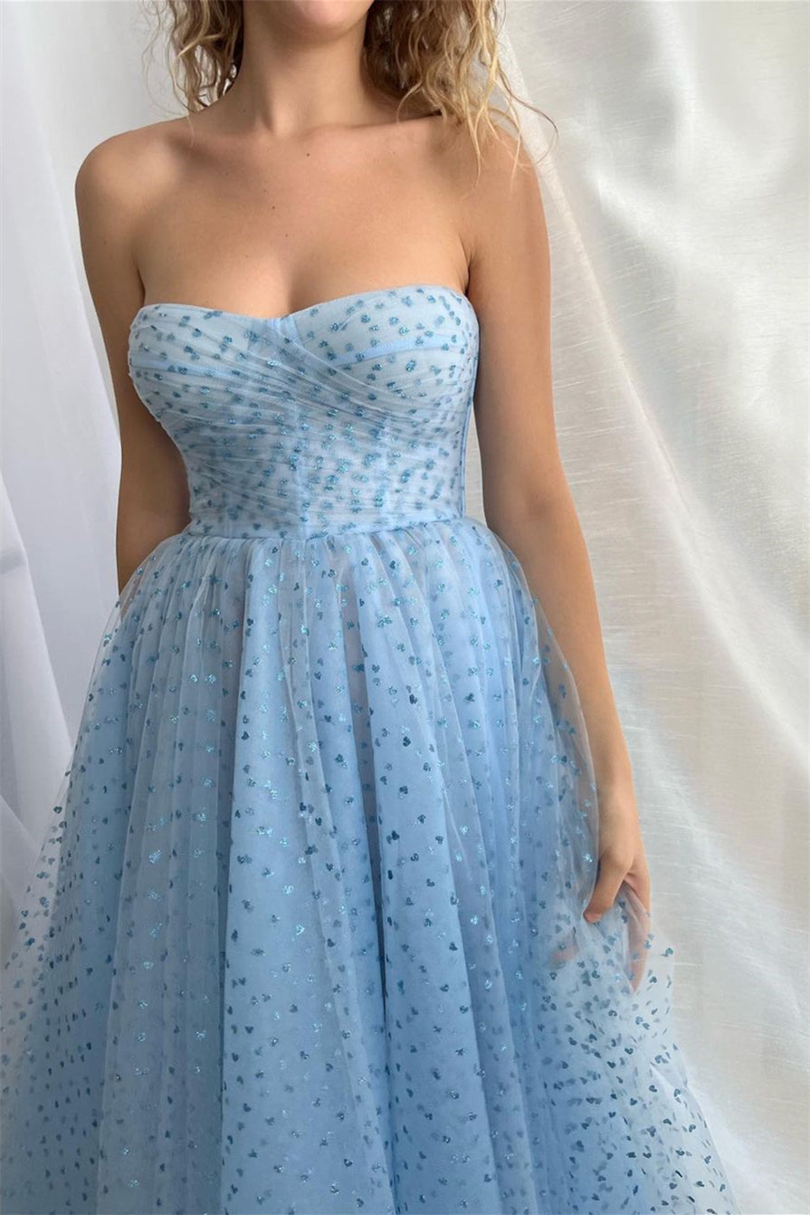 Modern Sky Blue Tulle Evening Gown with Detachable Sleeves-BallBride