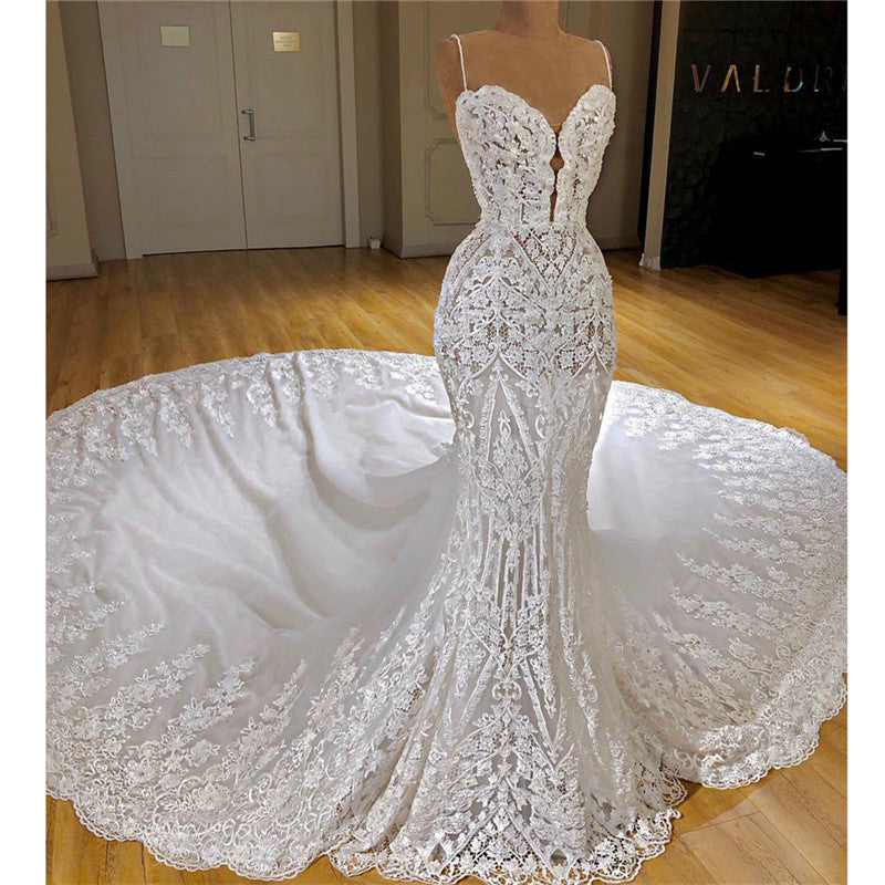 Modern Spaghetti-Straps Lace Mermaid Wedding Dress With Train Appliques-BallBride