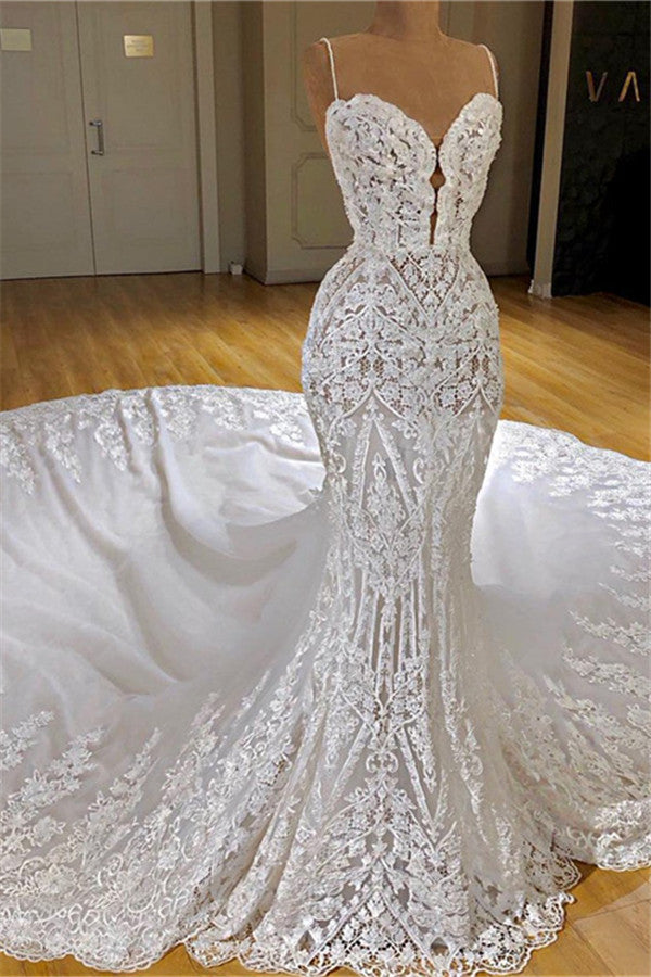 Modern Spaghetti-Straps Lace Mermaid Wedding Dress With Train Appliques-BallBride