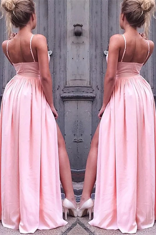 Modern Spaghetti-Straps Pink Long Evening Dress With Slit-BallBride