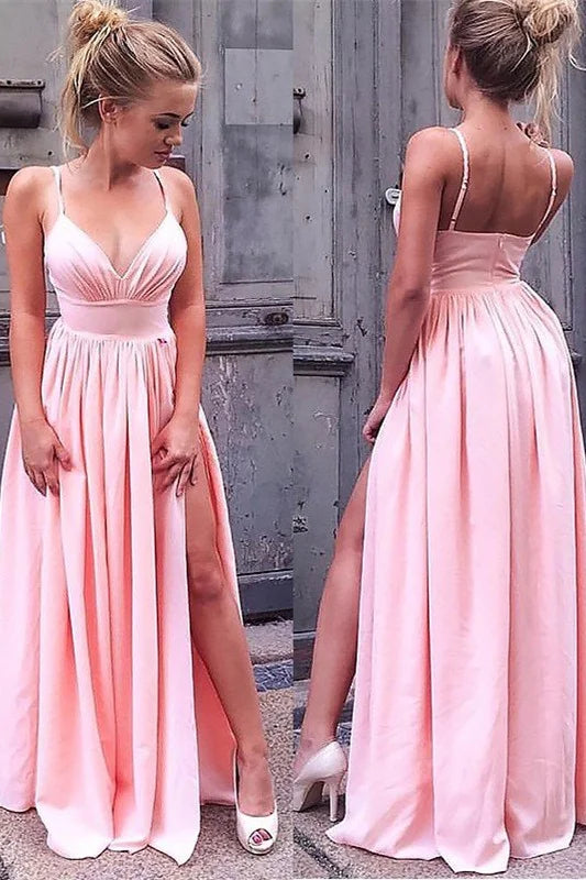 Modern Spaghetti-Straps Pink Long Evening Dress With Slit-BallBride