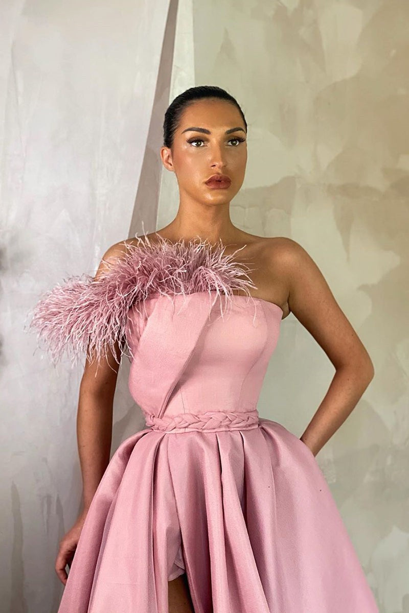 Modern Strapless Long Prom Dress with Front Slit and Feather Detail-BallBride