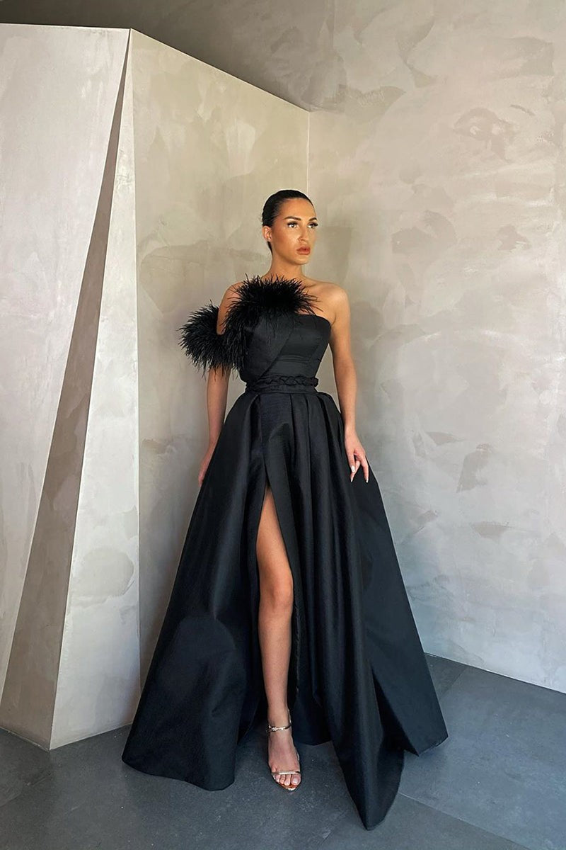 Modern Strapless Long Prom Dress with Front Slit and Feather Detail-BallBride