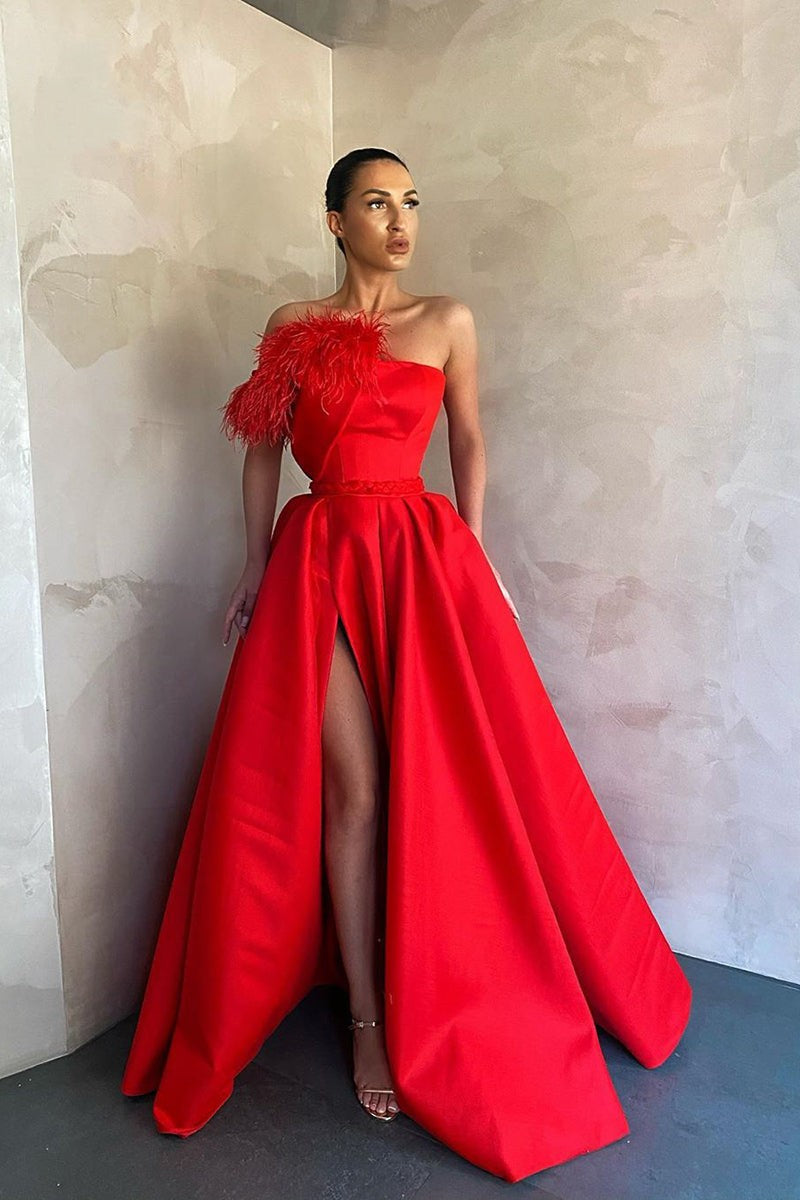 Modern Strapless Long Prom Dress with Front Slit and Feather Detail-BallBride