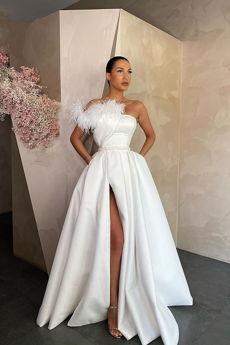 Modern Strapless Long Prom Dress with Front Slit and Feather Detail-BallBride