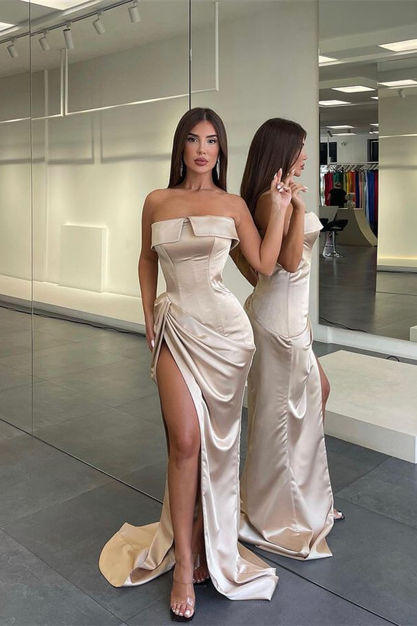 Modern Strapless Mermaid Evening Dress with Split Long Hem in Champagne-BallBride