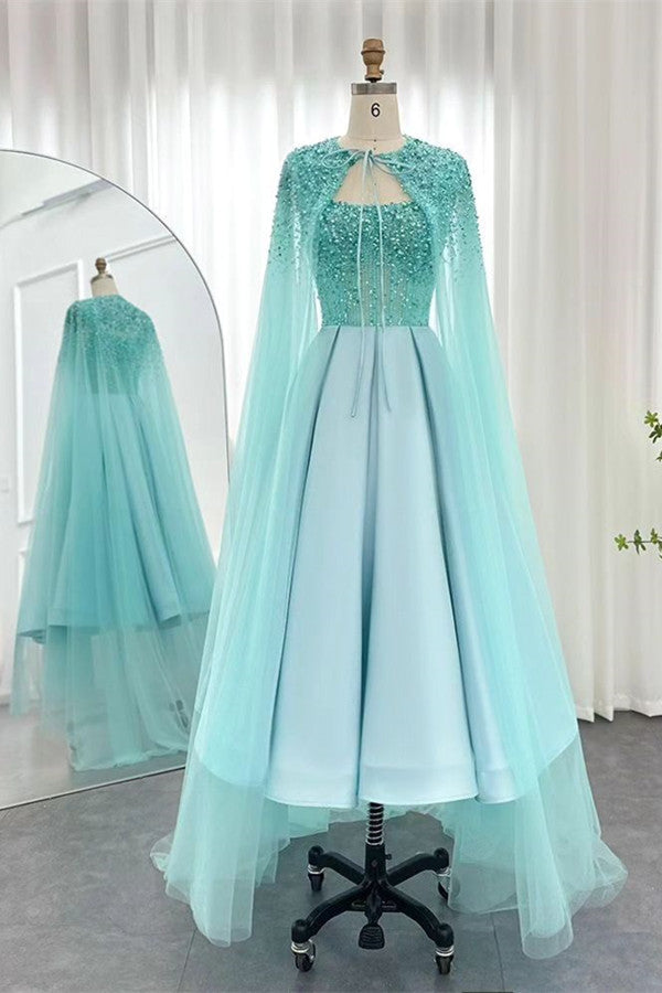 Modern Strapless Prom Dress with Tulle Cape Beadings and Pearls Online-BallBride