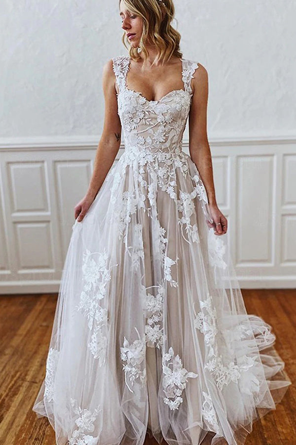 Modern Straps Sweetheart Wedding Dress with Appliques-BallBride