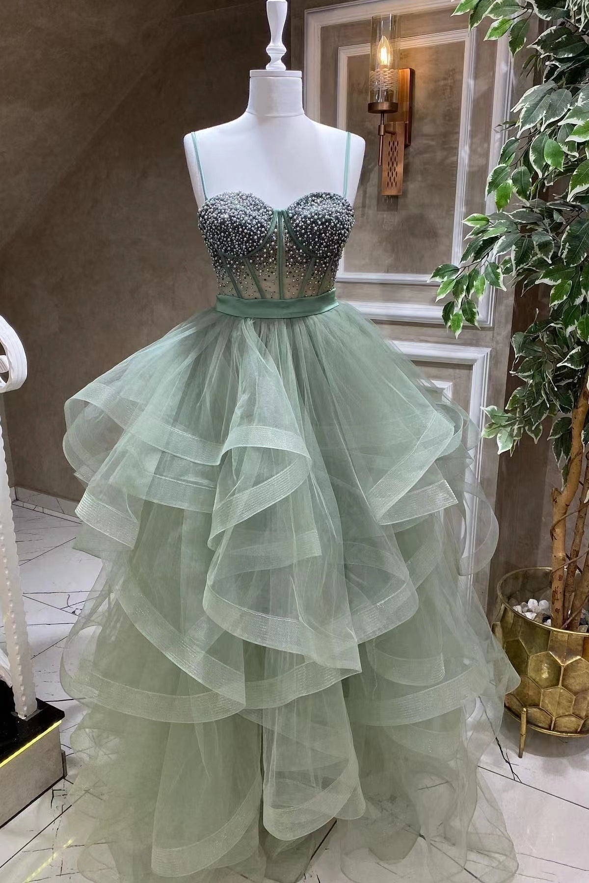 Modern Sweetheart Beadings Evening Dress With Tulle and Spaghetti-Straps-BallBride