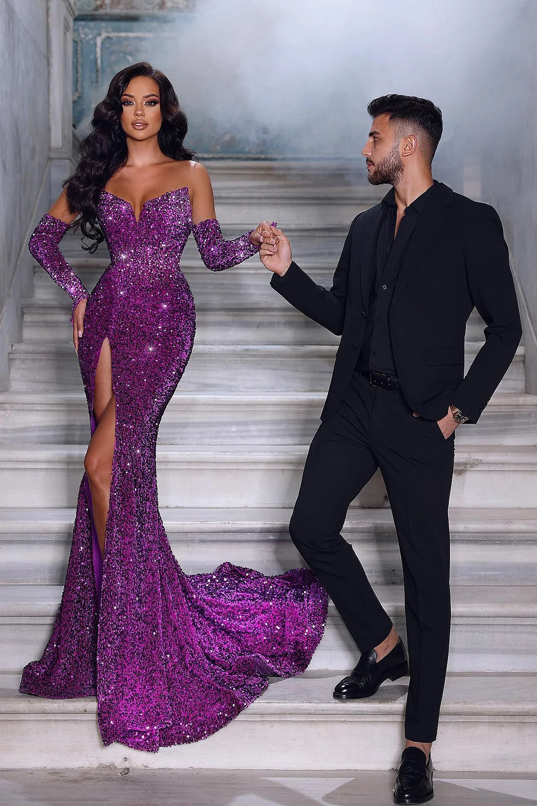 Modern Sweetheart Mermaid Velvet Sequins Evening Dress Long Online-BallBride