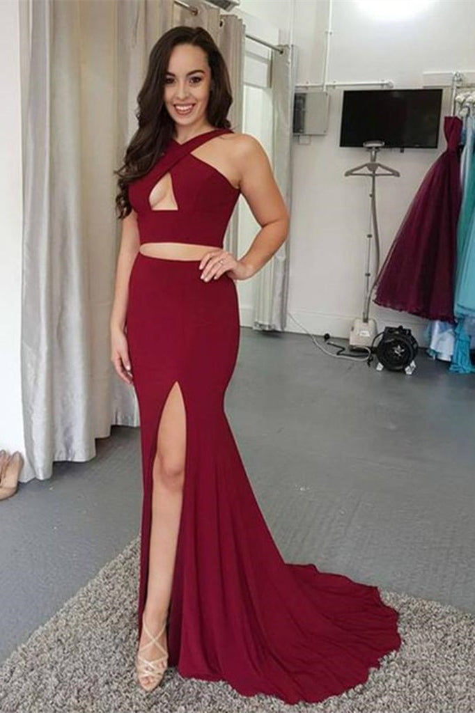 Modern Two Pieces Mermaid Halter Prom Dress With Split-BallBride