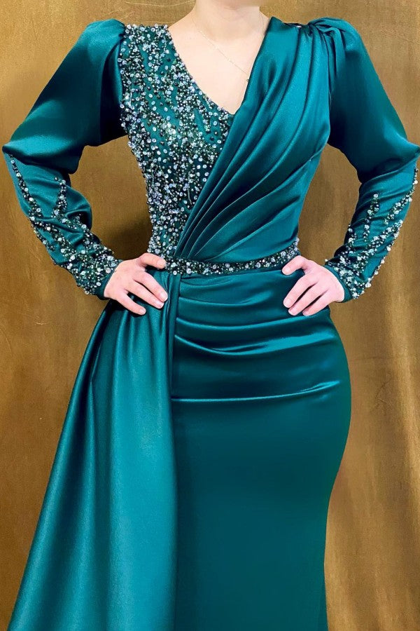Modern V-Neck Evening Dress with Beads and Ruffle - Long Sleeves Mermaid-BallBride