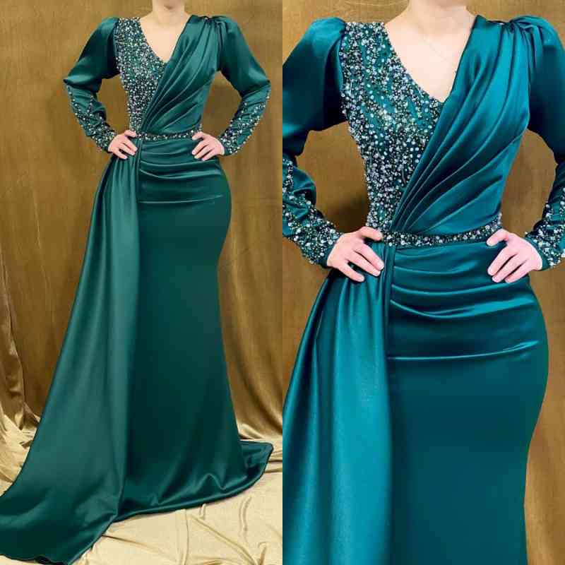 Modern V-Neck Evening Dress with Beads and Ruffle - Long Sleeves Mermaid-BallBride