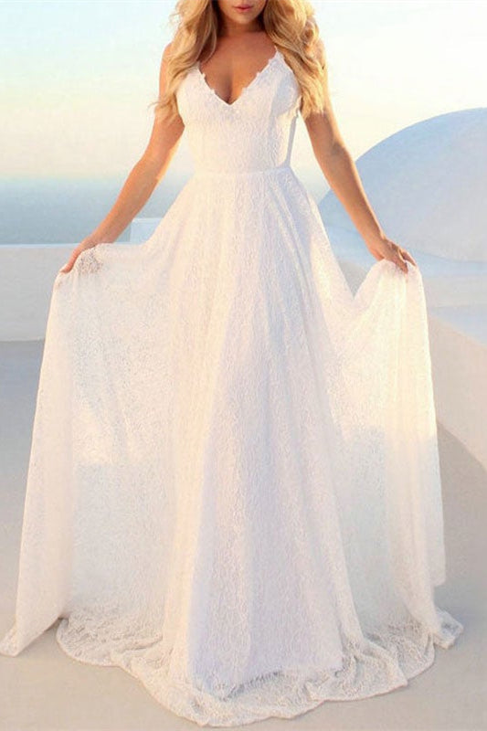 Modern V-Neck Lace Beach Wedding Dress-BallBride