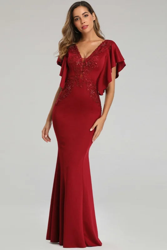 Modern V-Neck Mermaid Prom Dress Long Evening Gowns With Appliques Ruffles-BallBride