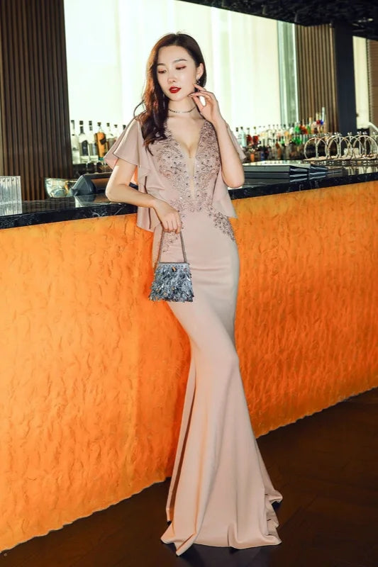 Modern V-Neck Mermaid Prom Dress Long Evening Gowns With Appliques Ruffles-BallBride
