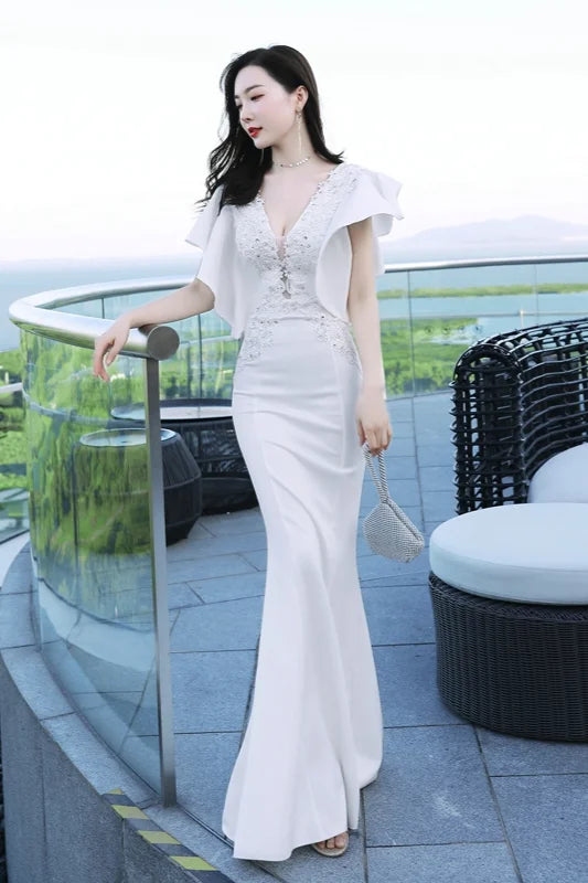 Modern V-Neck Mermaid Prom Dress Long Evening Gowns With Appliques Ruffles-BallBride