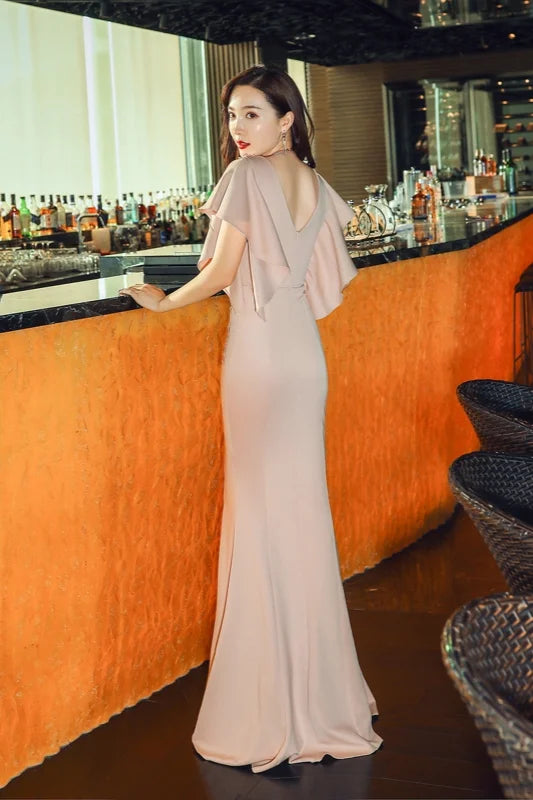 Modern V-Neck Mermaid Prom Dress Long Evening Gowns With Appliques Ruffles-BallBride
