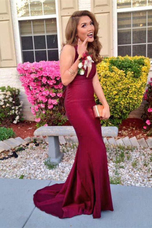 Modern V-Neck Sleeveless Prom Dress in Burgundy-BallBride