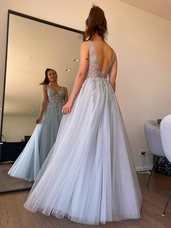 Modern V-Neck Sleeveless Prom Dress with Crystals-BallBride