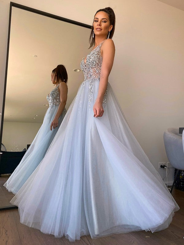 Modern V-Neck Sleeveless Prom Dress with Crystals-BallBride