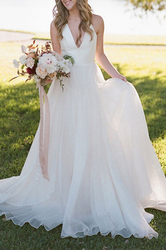 Modern V-Neck Sleeveless Tulle Wedding Dress-BallBride