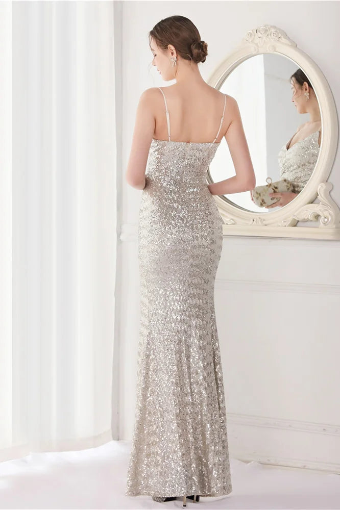 Modern V-Neck Spaghetti-Straps Evening Dress Sequins Mermaid With Slit-BallBride