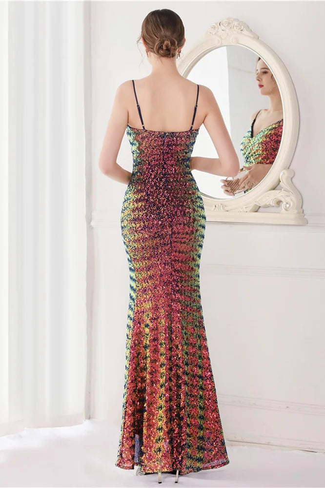 Modern V-Neck Spaghetti-Straps Evening Dress Sequins Mermaid With Slit-BallBride