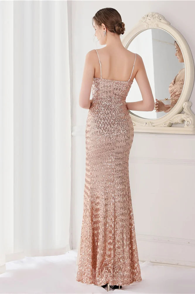 Modern V-Neck Spaghetti-Straps Evening Dress Sequins Mermaid With Slit-BallBride
