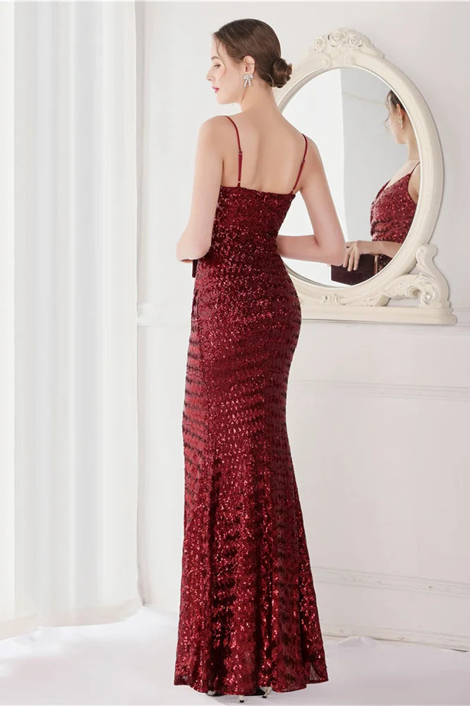 Modern V-Neck Spaghetti-Straps Evening Dress Sequins Mermaid With Slit-BallBride