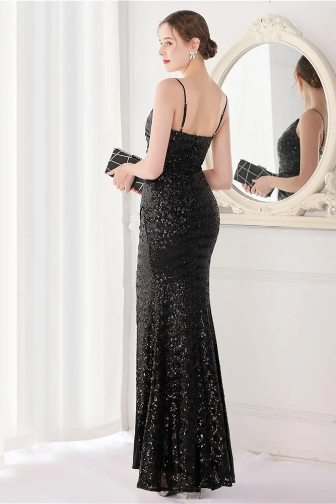 Modern V-Neck Spaghetti-Straps Evening Dress Sequins Mermaid With Slit-BallBride