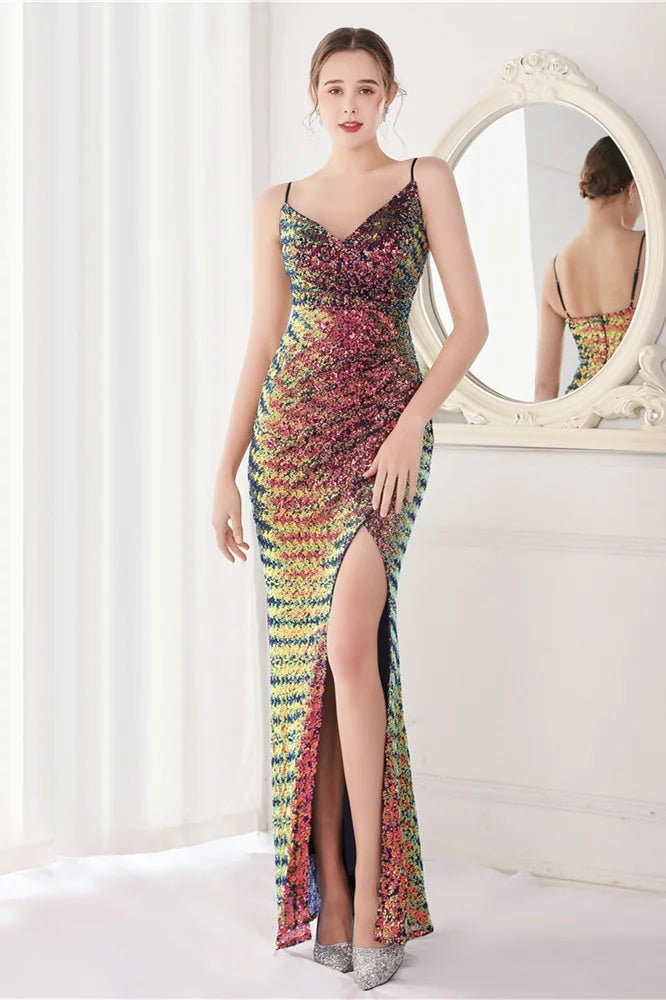 Modern V-Neck Spaghetti-Straps Evening Dress Sequins Mermaid With Slit-BallBride