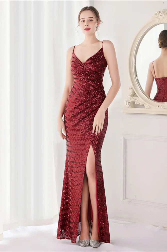 Modern V-Neck Spaghetti-Straps Evening Dress Sequins Mermaid With Slit-BallBride
