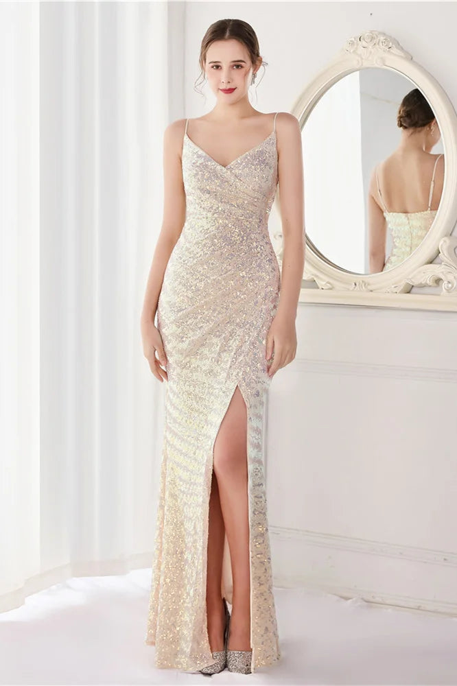 Modern V-Neck Spaghetti-Straps Evening Dress Sequins Mermaid With Slit-BallBride