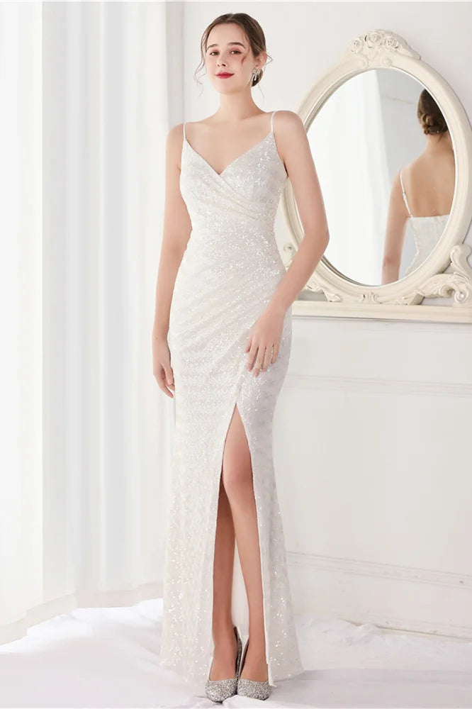 Modern V-Neck Spaghetti-Straps Evening Dress Sequins Mermaid With Slit-BallBride