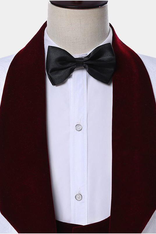 Modern White Jacquard Floral Wedding Tuxedo With Burgundy Lapel-BallBride