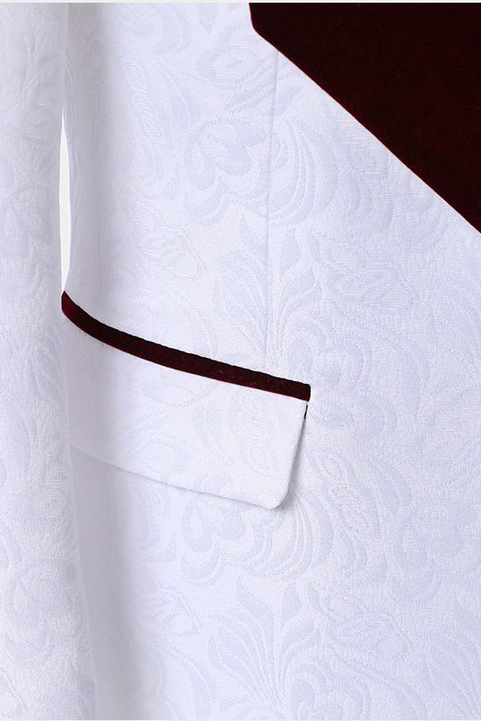 Modern White Jacquard Floral Wedding Tuxedo With Burgundy Lapel-BallBride
