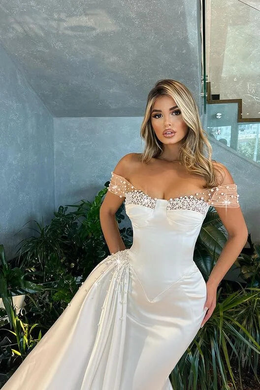 Modern White Off-the-Shoulder Evening Dress Mermaid Ruffles With Pearls-BallBride