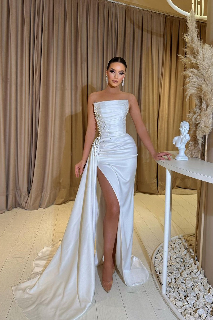 Modern White Strapless Mermaid Prom Dress with Pearls and Split Ruffles-BallBride