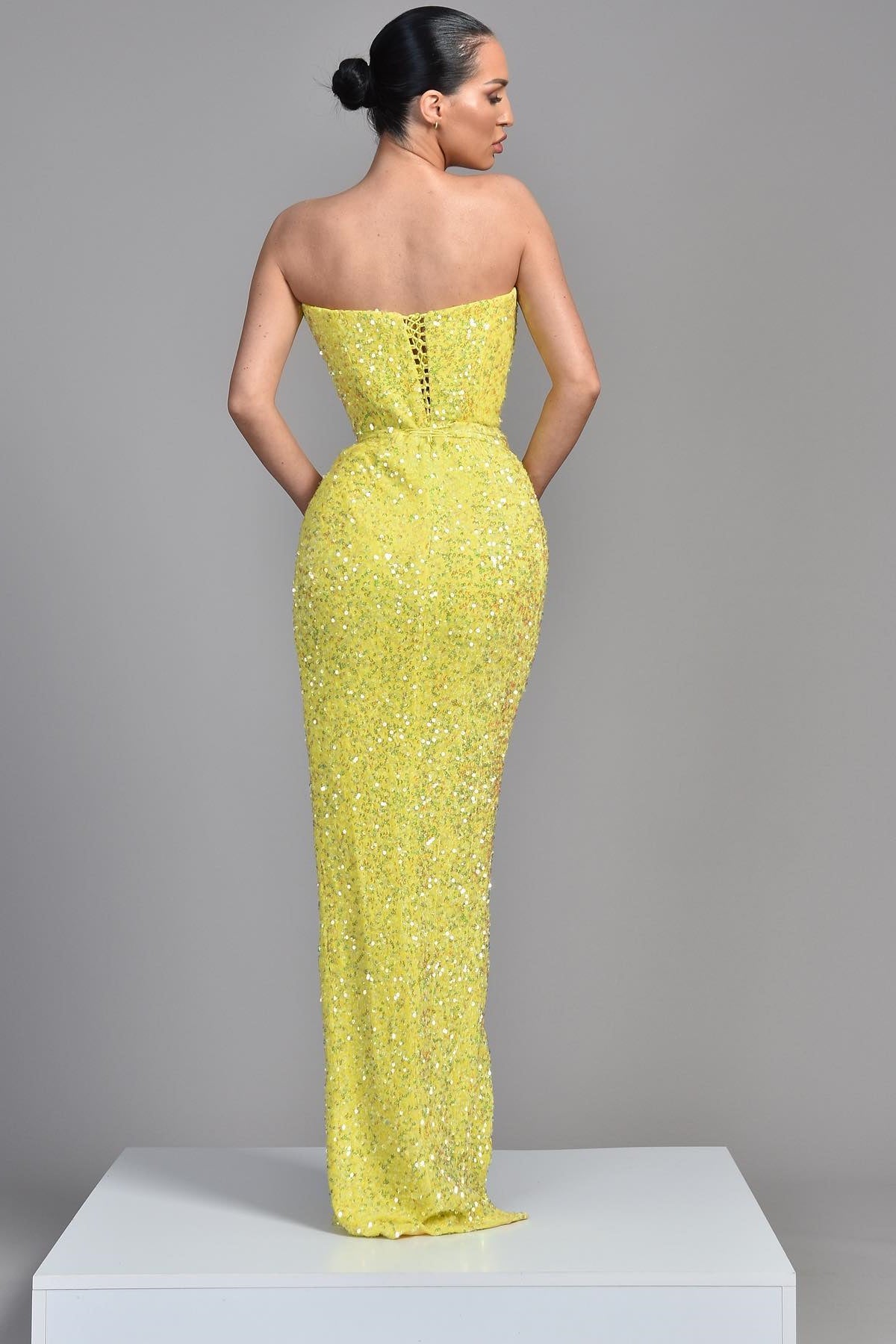 Modern Yellow Strapless Mermaid Prom Dress with Sequins and Split-BallBride