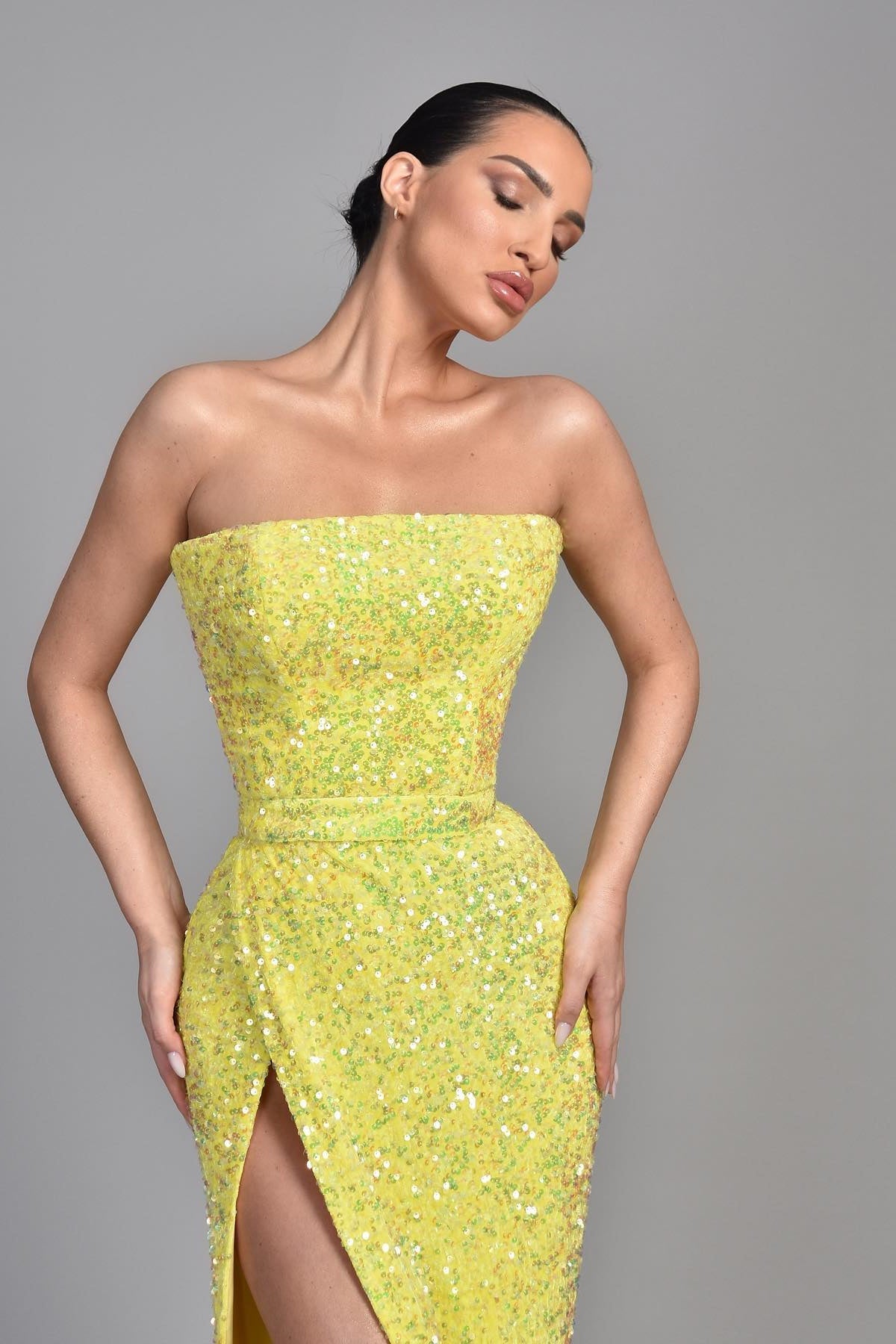 Modern Yellow Strapless Mermaid Prom Dress with Sequins and Split-BallBride