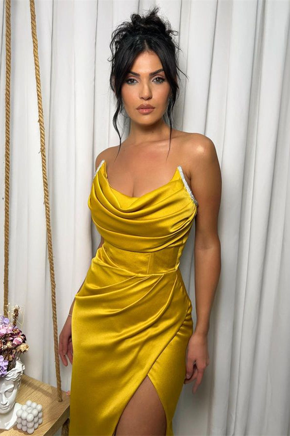 Modern Yellow Strapless Sleeveless Prom Dresses with Long Split and Pleats-BallBride