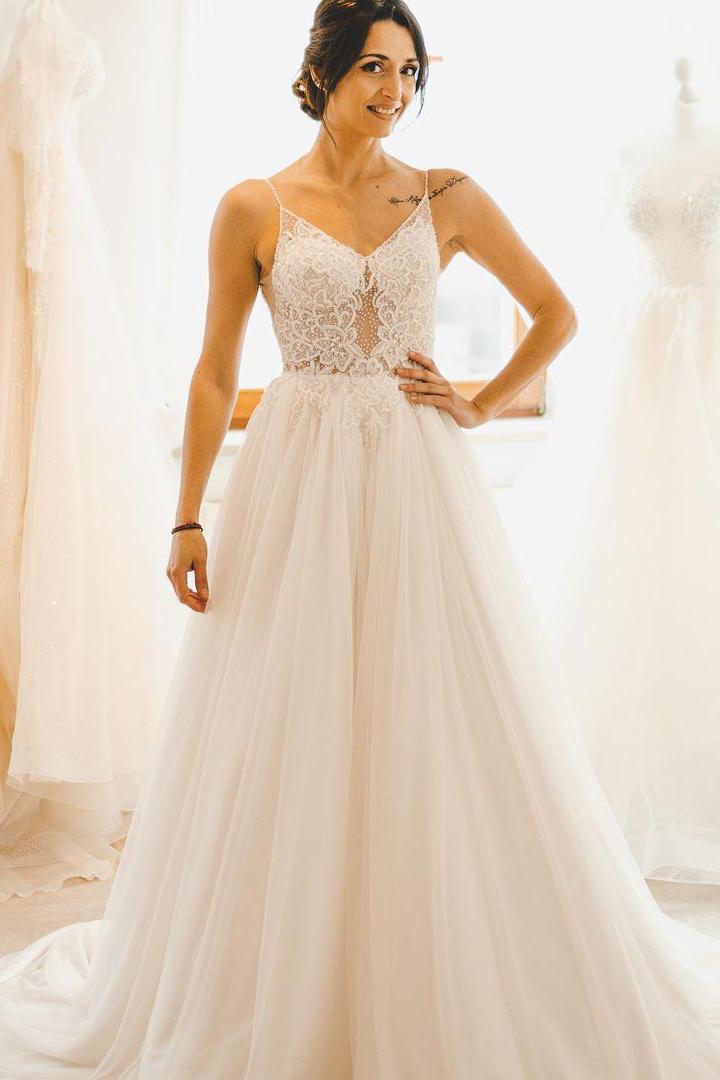 Modest A-line Spaghetti Straps Wedding Dress with Tulle-BallBride