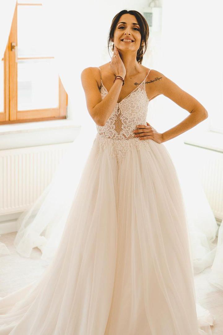 Modest A-line Spaghetti Straps Wedding Dress with Tulle-BallBride