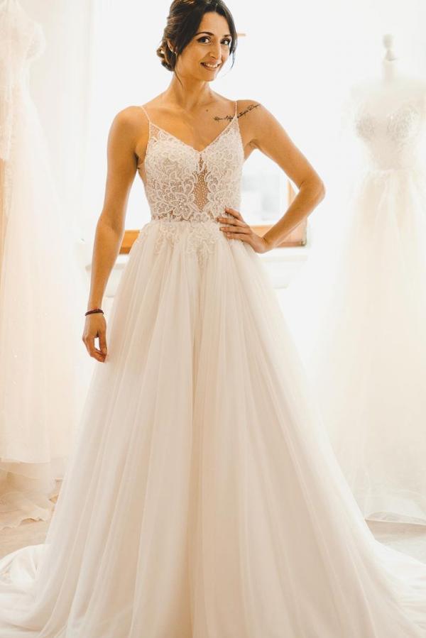 Modest A-line Spaghetti Straps Wedding Dress with Tulle-BallBride