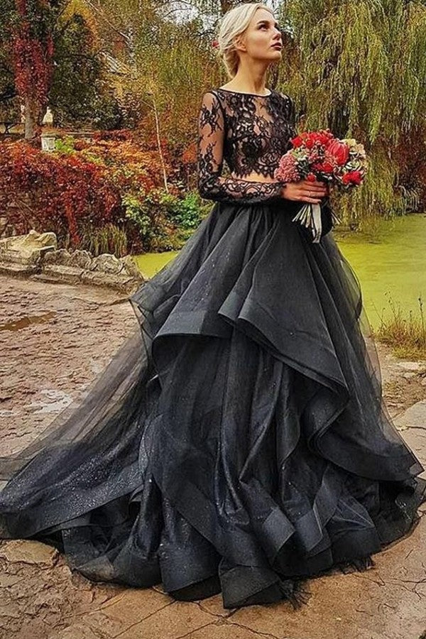 Modest Black Two Pieces Wedding Dress with Sleeves and Tulle Lace-BallBride