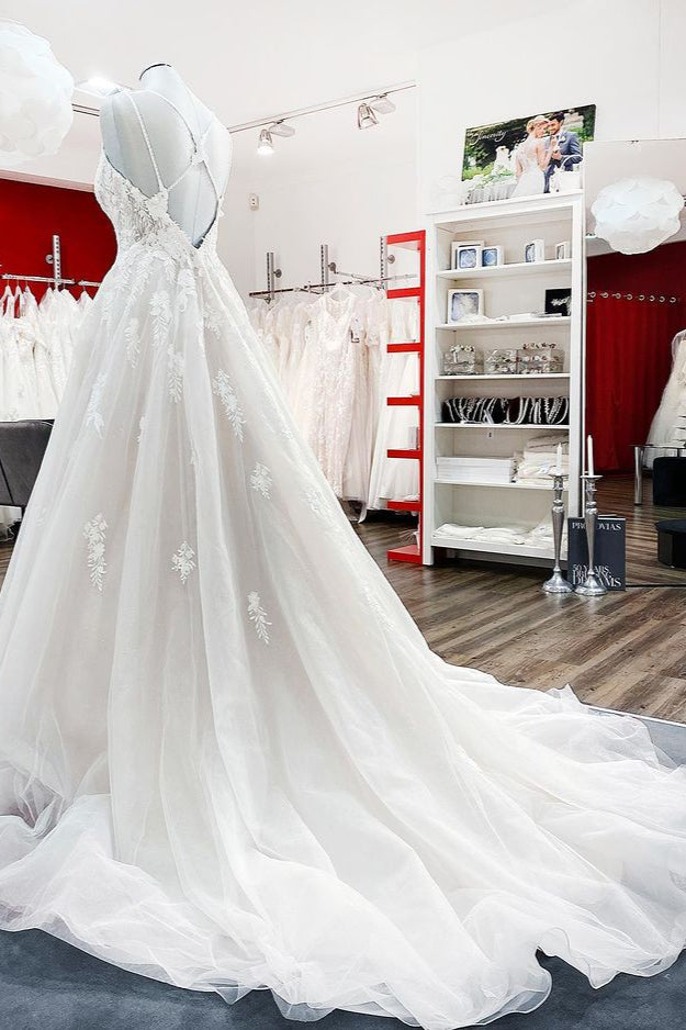 Modest Lace Tulle Wedding Dress with V-Neck and Ruffles-BallBride