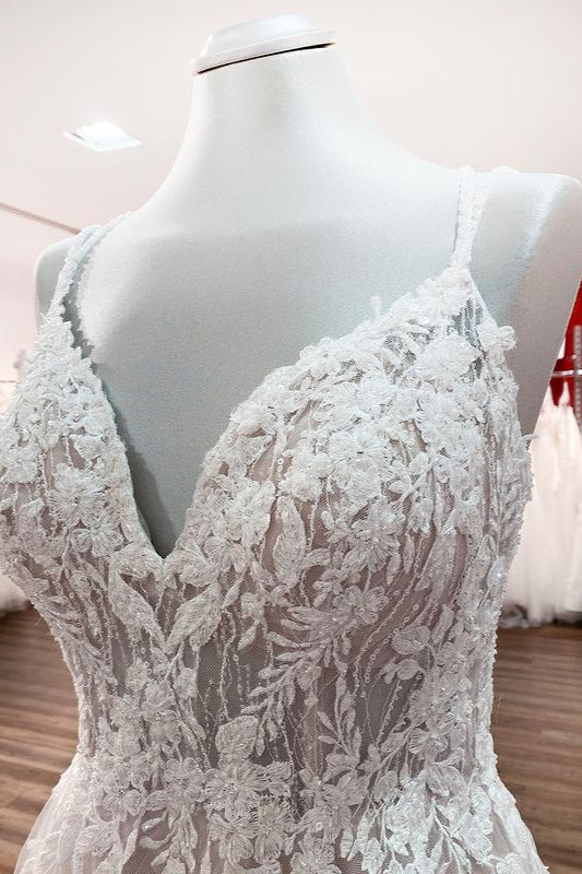 Modest Lace Tulle Wedding Dress with V-Neck and Ruffles-BallBride